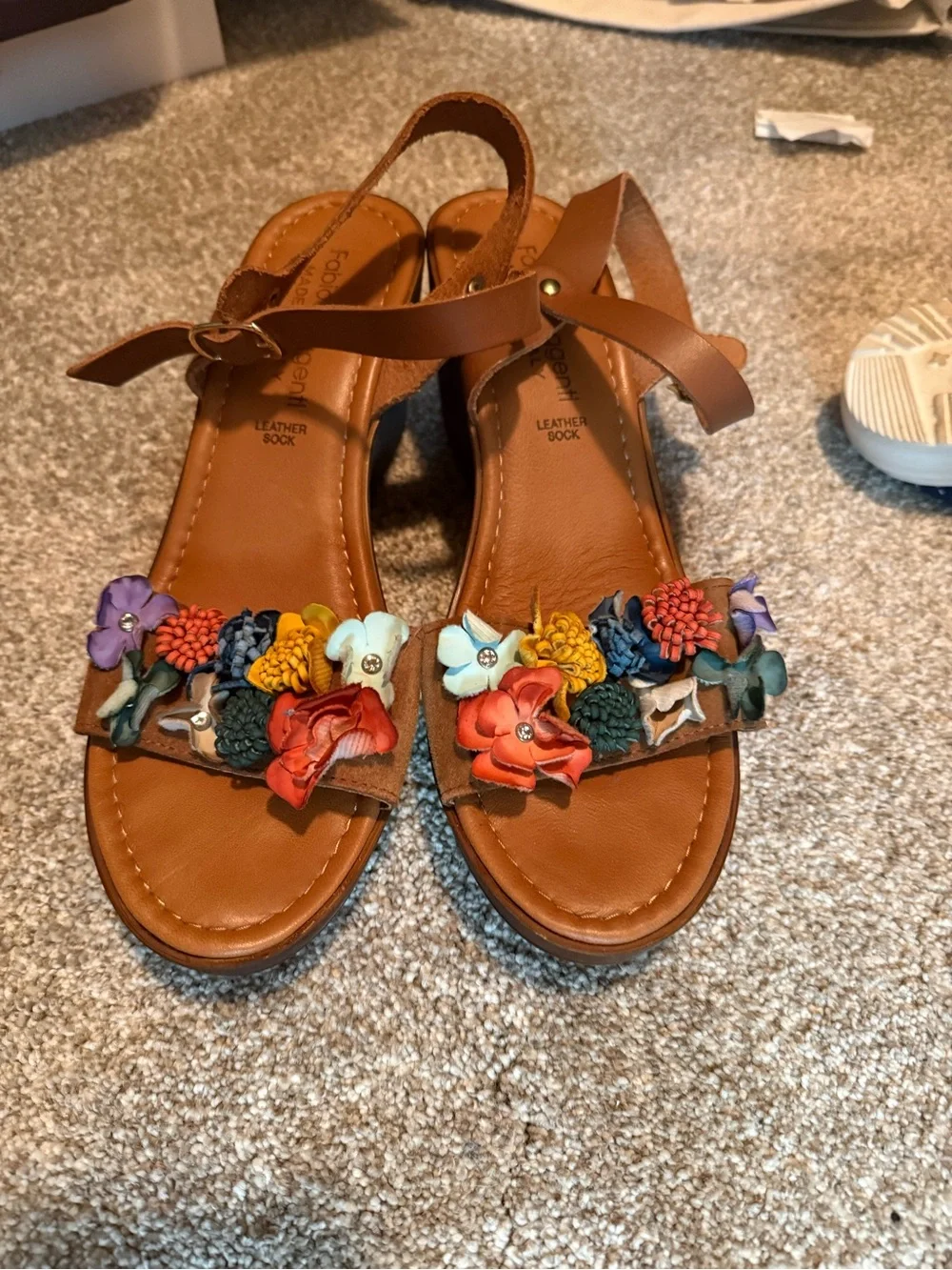Brown Floral Leather Sandals with Colorful Embellishments